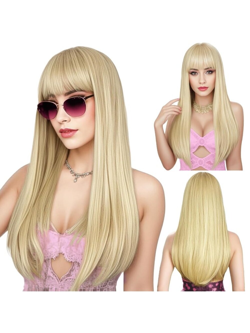 Women's Blonde 22 Inch Heat Resistant Synthetic Long Straight Wigs Bangs